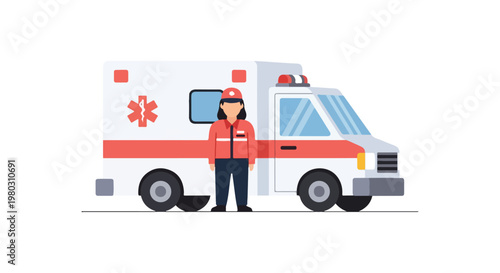 A vector illustration shows a female paramedic standing in front of a white and red ambulance, ready for emergency medical services and rescue.