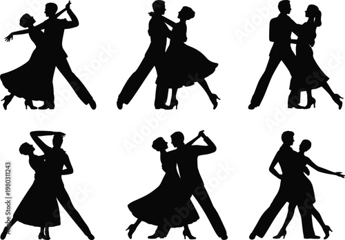 Elegant ballroom dance couple silhouettes set romantic pose collection flat vector
