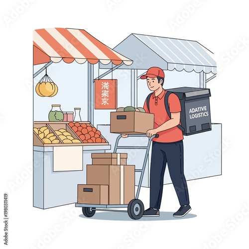 Vector illustration of a delivery courier in a red uniform collecting cardboard boxes from a fresh produce market stall and loading them onto a hand truck for logistics service.