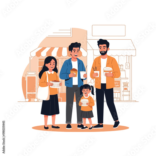 Flat vector illustration of a four-member family with parents and two children holding takeout containers and cups while standing in front of market stalls on a city street.