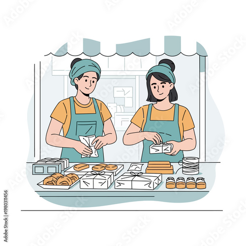 Two female small business owners or market vendors in green aprons and headscarves wrapping food packages and pastries with paper and twine at a stall counter in a flat vector illustration.