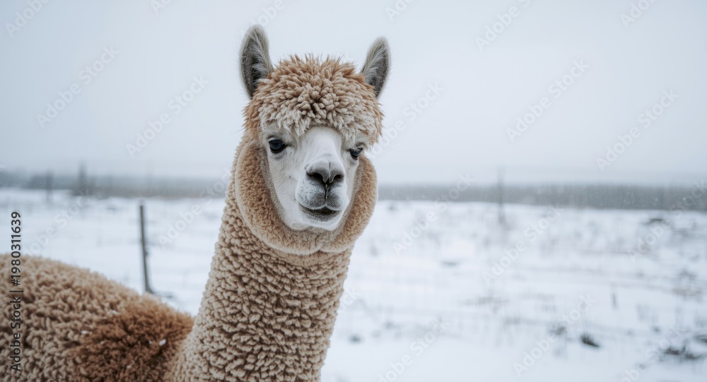Fototapeta premium Sad alpaca standing with thick wool in cold snowy landscape