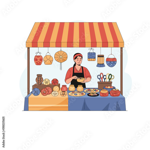 A flat vector illustration of a female vendor standing at a craft market stall under a striped awning, displaying handmade pottery, ceramic vases, hanging lanterns, and patterned ornaments.