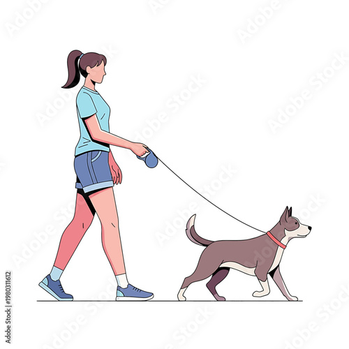Woman Walking Dog on Leash Outdoors.