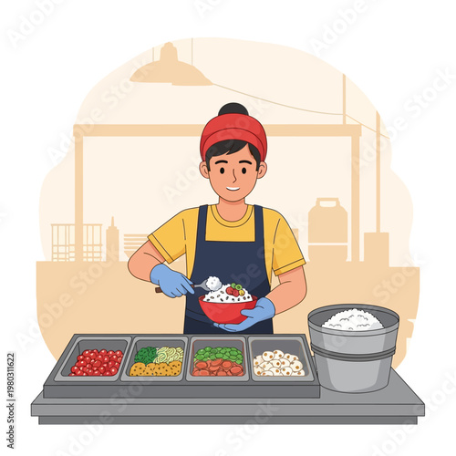 Vector illustration of a young male food vendor in a blue apron and gloves preparing a fresh rice bowl with vegetables at a commercial kitchen counter or street food stall.