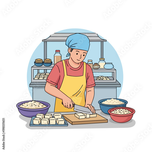 Illustration of a male vendor in an apron and headscarf slicing blocks of white tofu on a wooden cutting board at a market stall surrounded by bowls of soy products and jars.