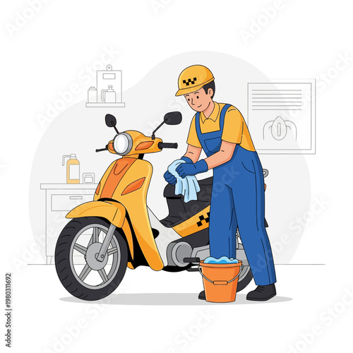 Vector illustration of a professional motorcycle taxi driver wearing a yellow helmet and blue overalls cleaning his yellow scooter using a blue cloth and a bucket of soapy water.