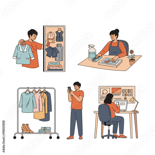 Vector illustration set depicting the process of thrifting and reselling clothes, featuring people sourcing apparel, cleaning products, taking photos, and listing items online.