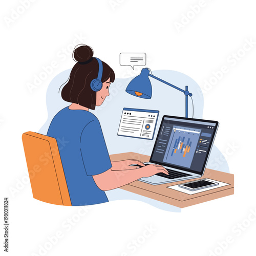 Vector illustration of a young woman with headphones sitting at a desk, typing on a laptop with a video editing interface and timeline visible, under a blue desk lamp on a white background.