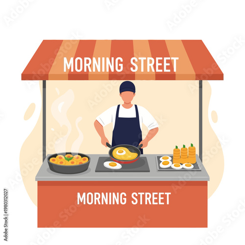 Flat vector illustration of a male vendor cooking fried eggs at a morning street food stall with an orange striped awning, featuring pans of hot breakfast food and rising steam.