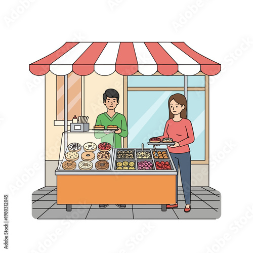 Flat vector illustration of a male vendor and female customer at a street donut stall under a red and white striped awning, featuring assorted glazed and sprinkled pastries.