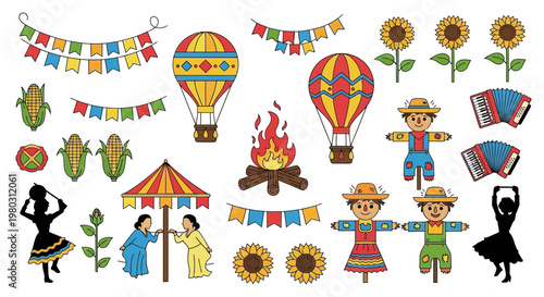 Festa Junina Elements: Scarecrows, Hot Air Balloons, Corn, Sunflowers, Accordions