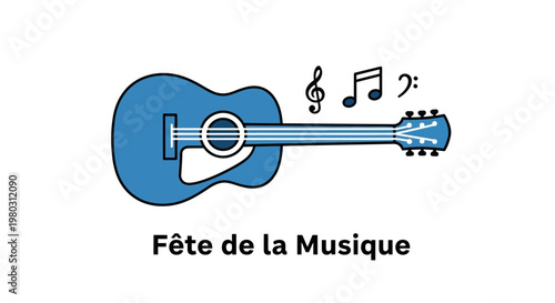 Blue guitar with musical notes and text "Fête de la Musique"