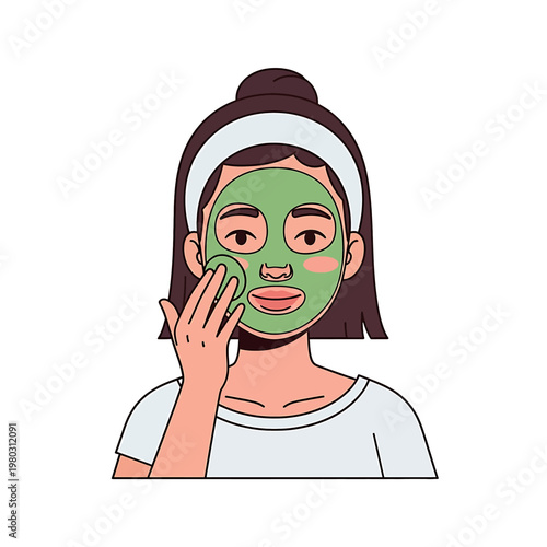 Woman applying green facial mask.