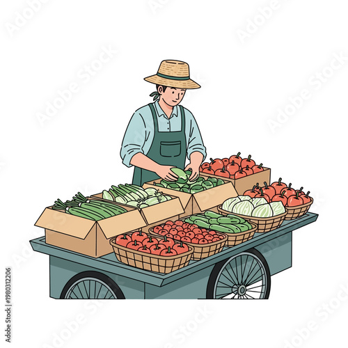 Vector illustration of a male street vendor wearing a straw hat and green apron selling fresh vegetables like tomatoes and cucumbers from a mobile market pushcart on white background.