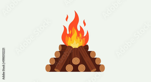 Campfire with Burning Logs and Flames on Light Background