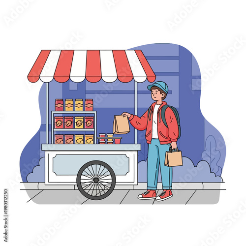 Vector illustration of a teenage boy in a red hoodie and backpack buying snacks from a street food stall with a red and white striped canopy on an urban sidewalk at night.