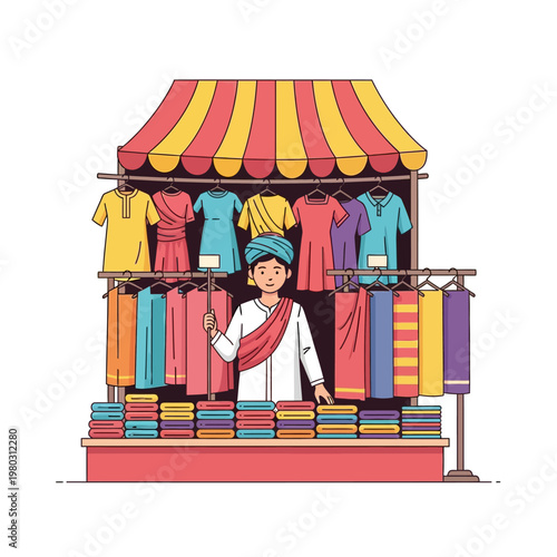 Vector illustration of an Indian textile vendor standing in a colorful market stall under a striped awning, displaying hanging dresses, tunics, and stacks of folded ethnic fabrics.