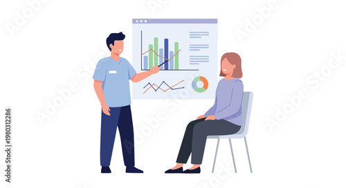 A male professional explains various data charts on a screen to a seated woman in this clean, flat-style vector illustration.