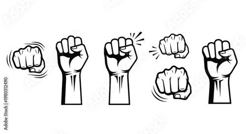 Set of six black and white clenched fist illustrations with varying gestures and motion lines