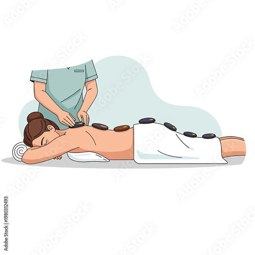 Woman receiving hot stone massage therapy 1.