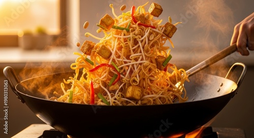 Stir fried noodles with vegetables cooking.