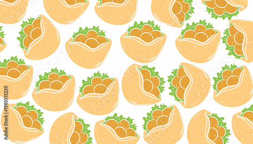 Falafel Seamless Repeat Pattern. Middle Eastern Chickpea Ball. Traditional Arab Street Food. Hand Drawn Bowl Illustration. Mediterranean Snack Vector Background.