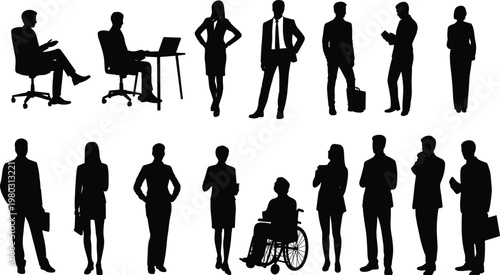 Business professional silhouettes diverse office teamwork wheelchair laptop coffee flat vector