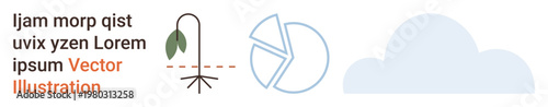 Sustainability, analytics, cloud computing, data management, environment, technology. Features a wilted leaf, pie chart and cloud icon. Sustainability and analytics through visual metaphors