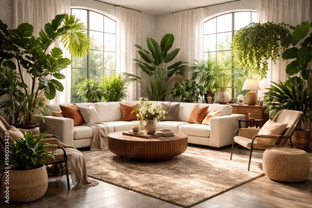 Fototapeta premium inviting living room interior with lush greenery and stylish furniture decor