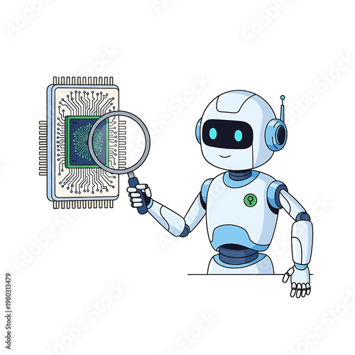 Robot Holding Magnifying Glass Closeup.