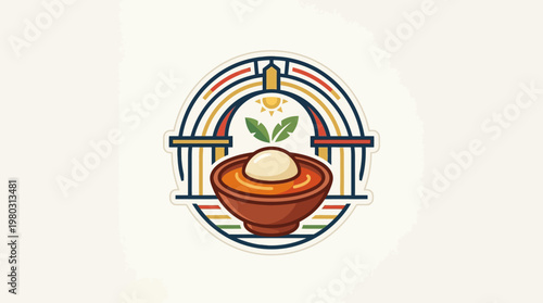 Stylized Bowl of Soup with Decorative Arch and Sun