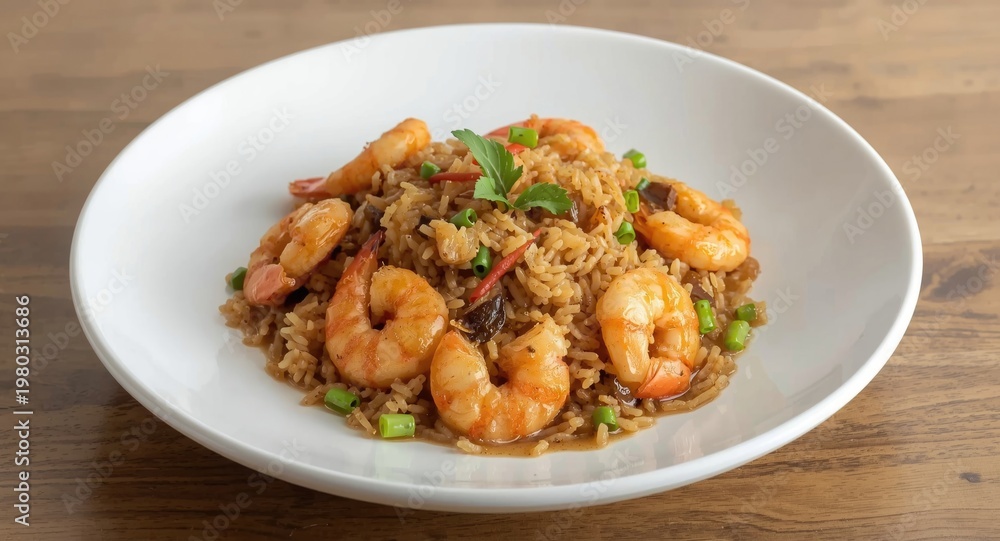 Fototapeta premium Flavorful simmered rice paired with red prawns