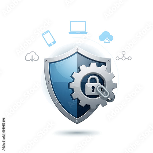 Security shield with lock and gear.