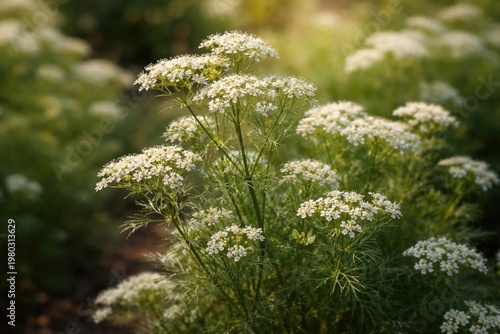 Cumin plant with delicate white small flowers in garden