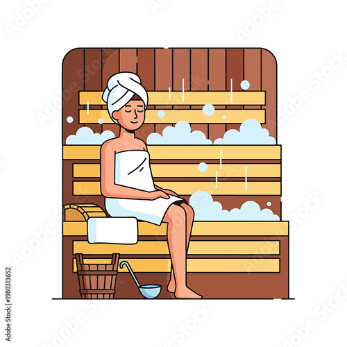 Woman Relaxing in a Sauna Room.