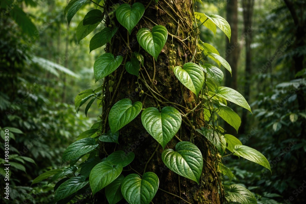 Fototapeta premium Natural growth of betel plant with climbing vines emphasizing preservation potential