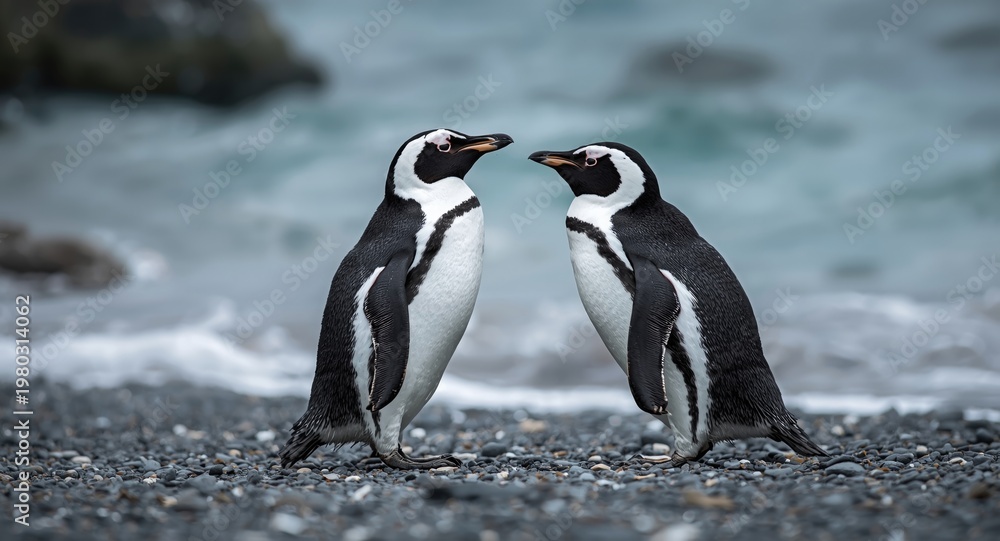 Fototapeta premium Peaceful moment of penguins looking at each other on a shoreline