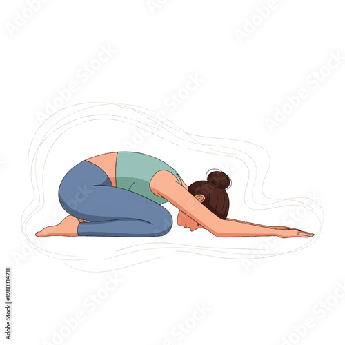 Woman doing child yoga pose.