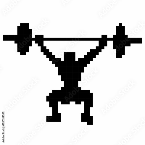 Pixel art silhouette of a weightlifter lifting a barbell. Retro 8-bit sports icon isolated on white background.