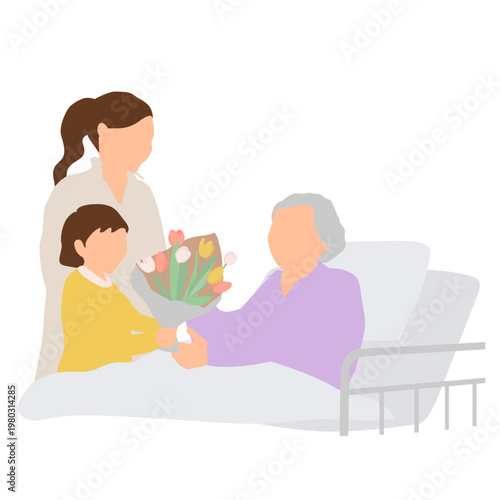 花束を持って高齢女性をお見舞いする親子の面会シーン