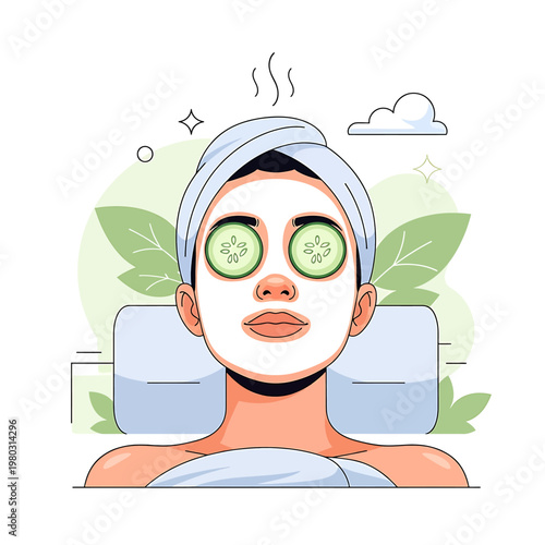 Woman with facial mask and cucumber.