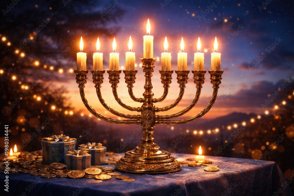 Fototapeta premium Festive menorah illustration with glowing candles and twilight sky