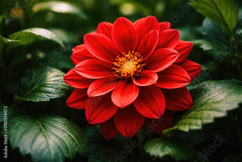 Close up of a vibrant red flower surrounded by lush green leaves in natural light