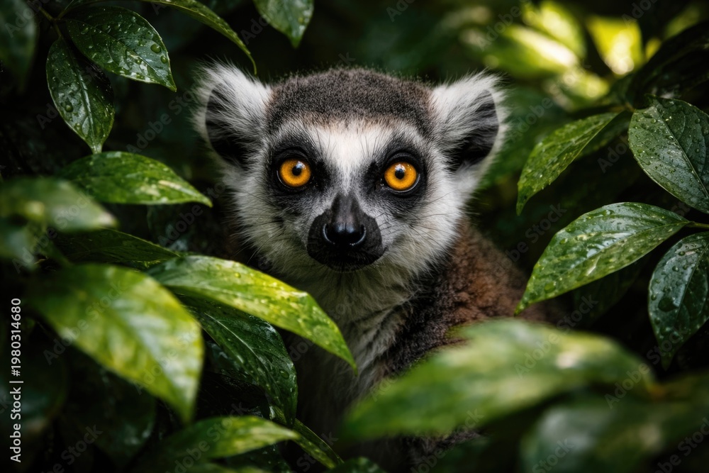 Fototapeta premium Lemur with vivid yellow eyes blending into dense green leaves in natural habitat