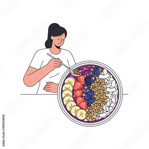 Woman eating healthy food bowl.