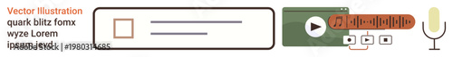 Content creation, podcasting, media production, sound editing, streaming, online tools. Elements include a microphone, search bar and media player controls. Content creation and podcasting concepts