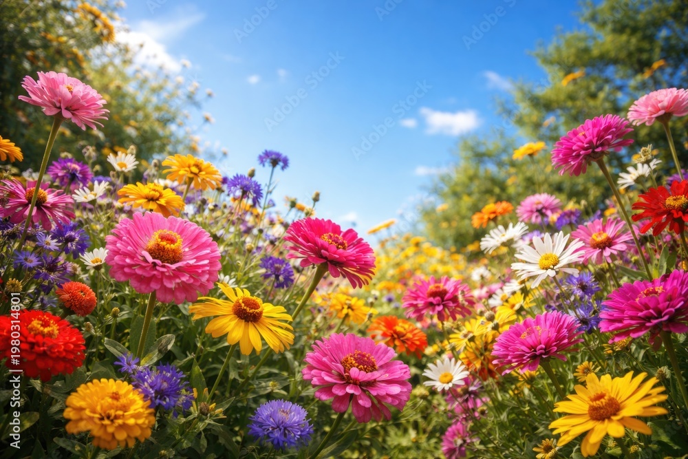 Obraz premium Vibrant summer flowers blooming under a clear blue sky backdrop