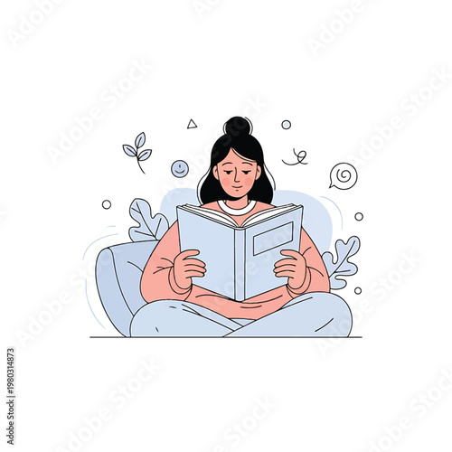 Woman reading a book sitting down.