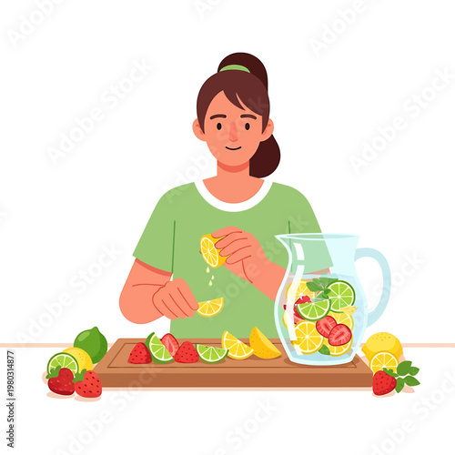 Woman preparing fresh lemonade with fruits.